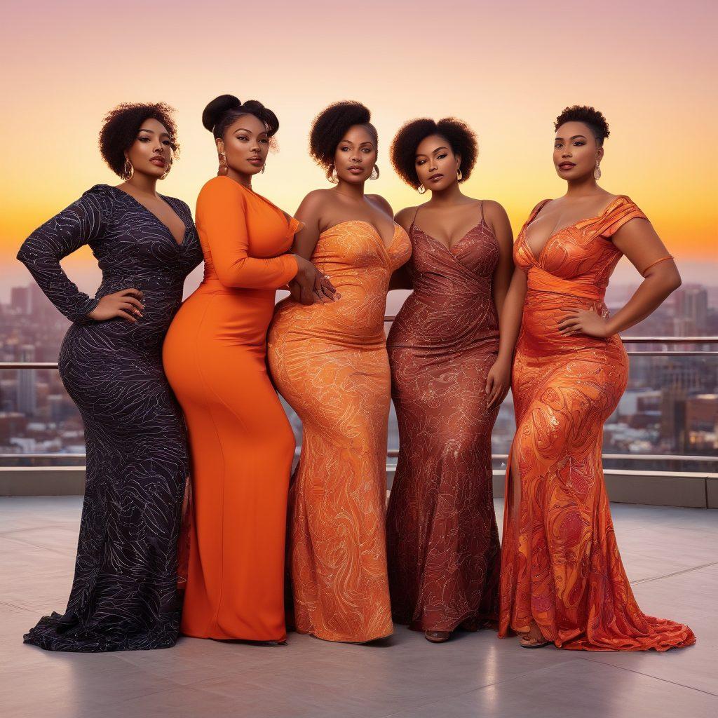 A captivating scene showcasing a diverse group of individuals confidently embracing their curves, adorned in vibrant, stylish outfits that highlight their unique shapes. The background features a cityscape at sunset with swirling patterns that symbolize movement and freedom. Soft, warm lighting enhances the sense of empowerment and celebration of sensuality. artistic photography. vivid colors. energetic atmosphere.
