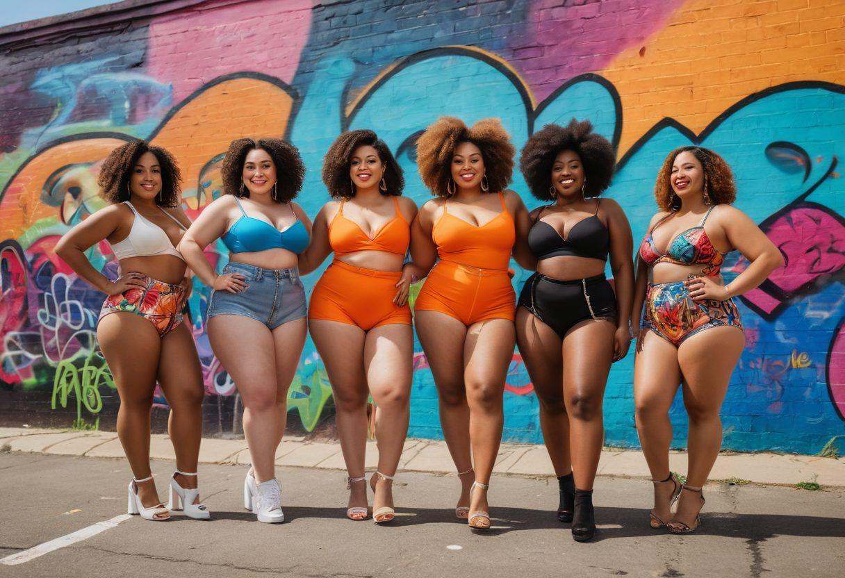 A diverse group of confident individuals celebrating body positivity in fashionable outfits that embrace curves, standing together in a vibrant urban setting adorned with colorful murals. Each person exudes joy and self-love, showcasing different styles that highlight sensuality and confidence. The background features trendy graffiti art that signifies empowerment and diversity. warm, inviting color palette. super-realistic. vibrant colors.